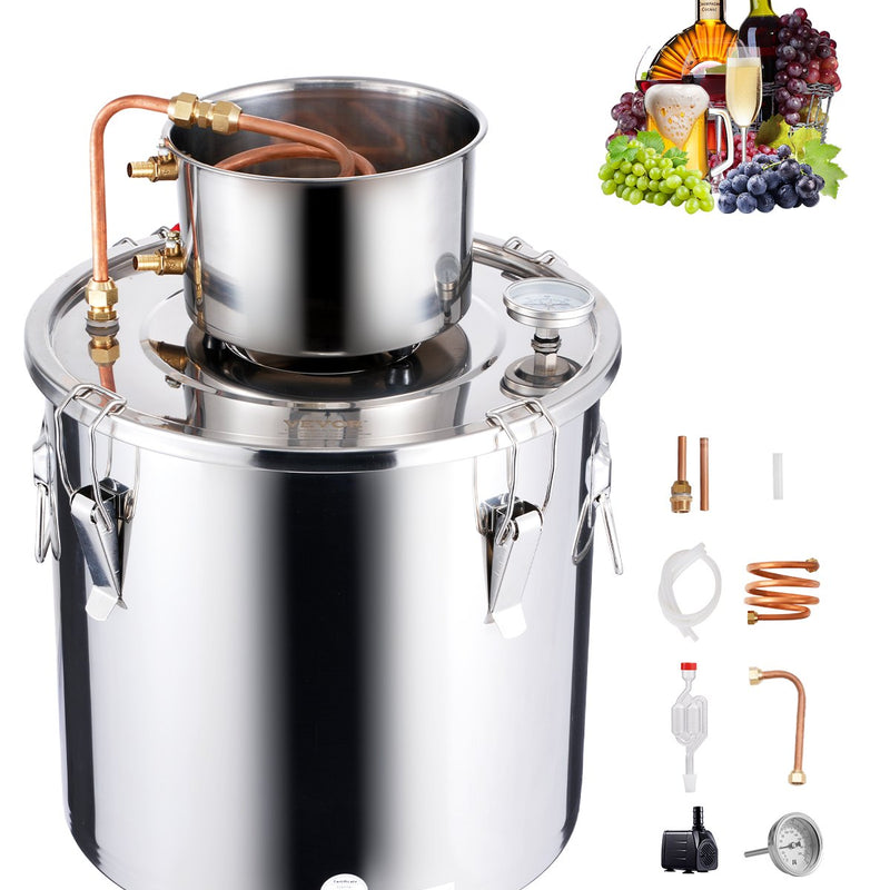 30L nerūsējošā tērauda destilācijas aparāts ar iebūvētu termometru uz vāka un ūdens cirkulācijas sūkni, piemērots alkohola destilācijai