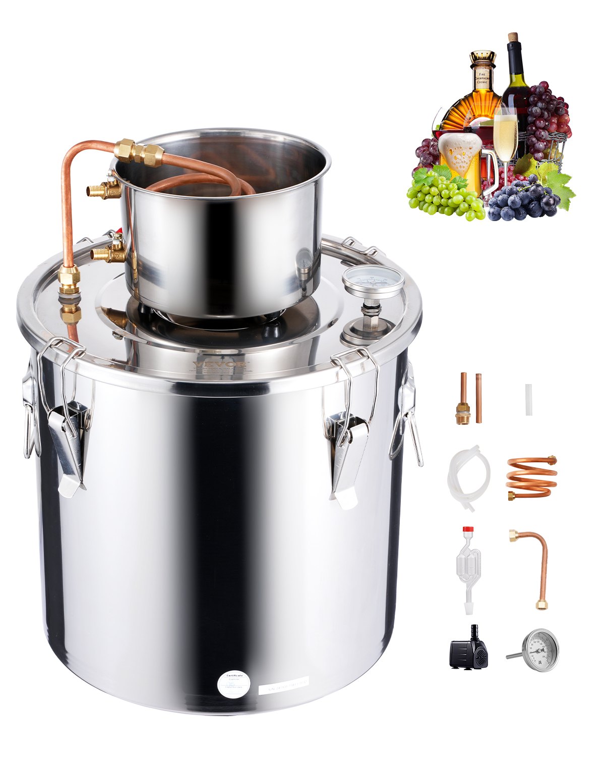 30L stainless steel still with built-in thermometer on lid and water circulation pump, suitable for alcohol distillation