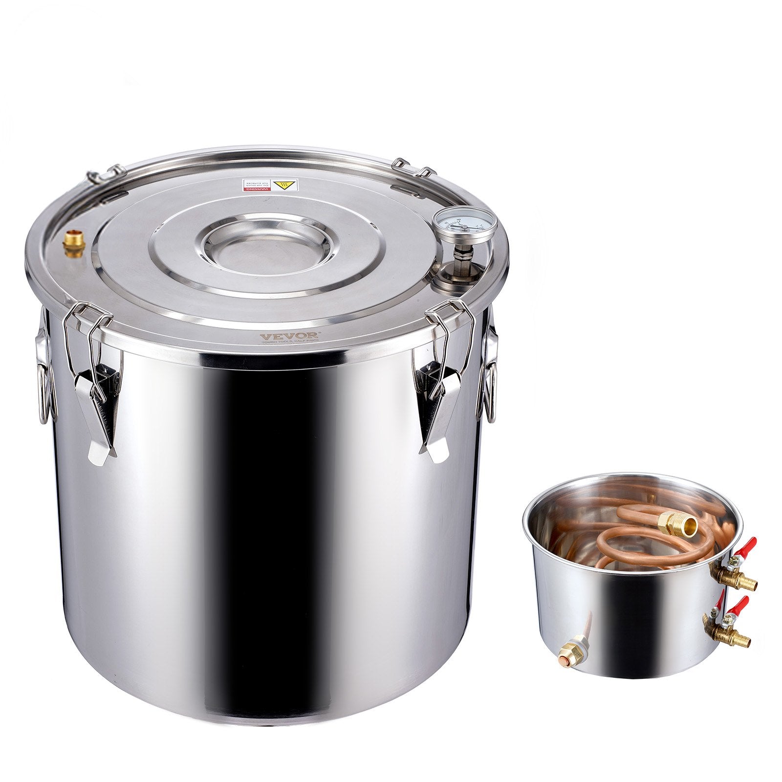 30L stainless steel still with built-in thermometer on lid and water circulation pump, suitable for alcohol distillation