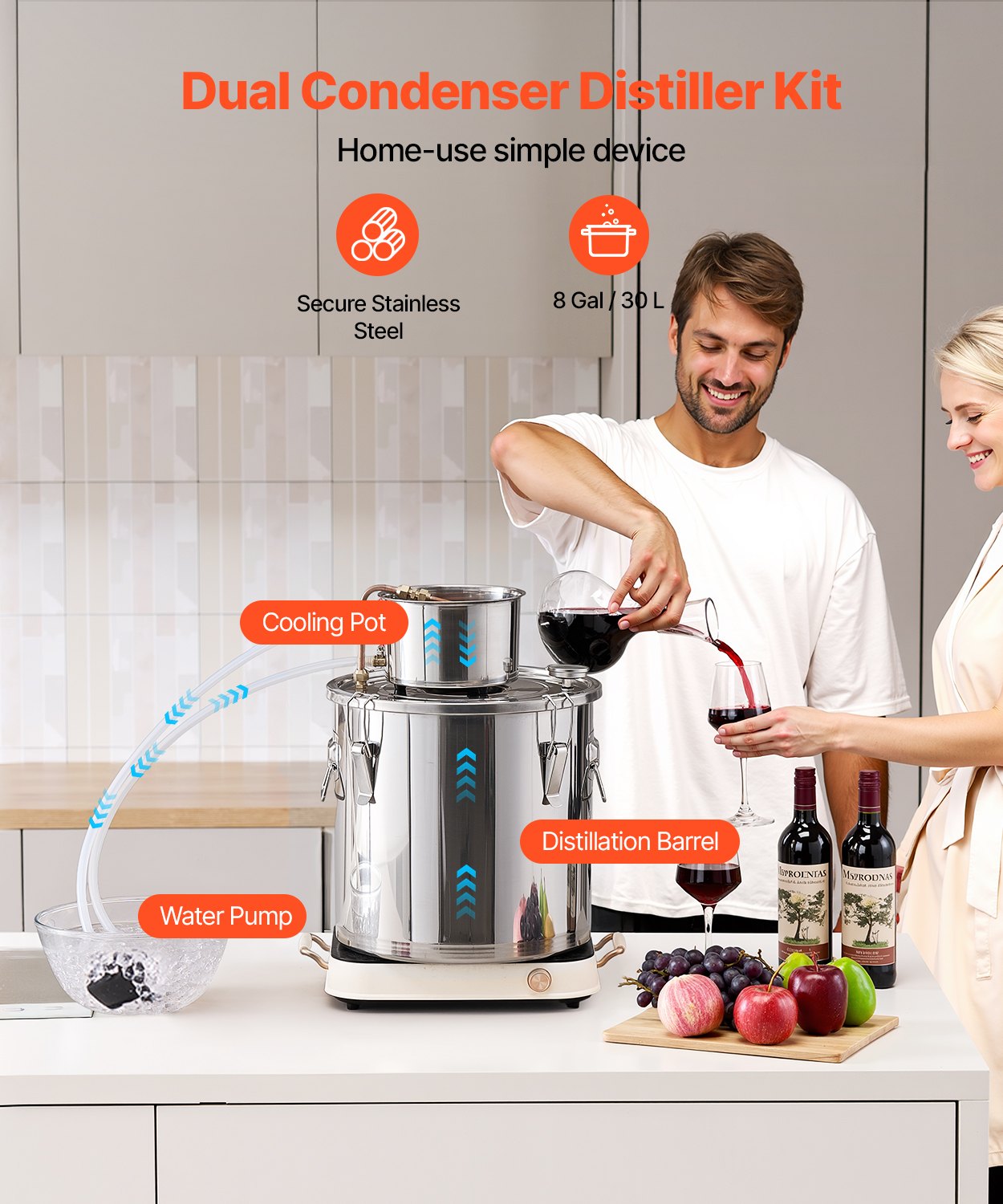 30L stainless steel still with built-in thermometer on lid and water circulation pump, suitable for alcohol distillation