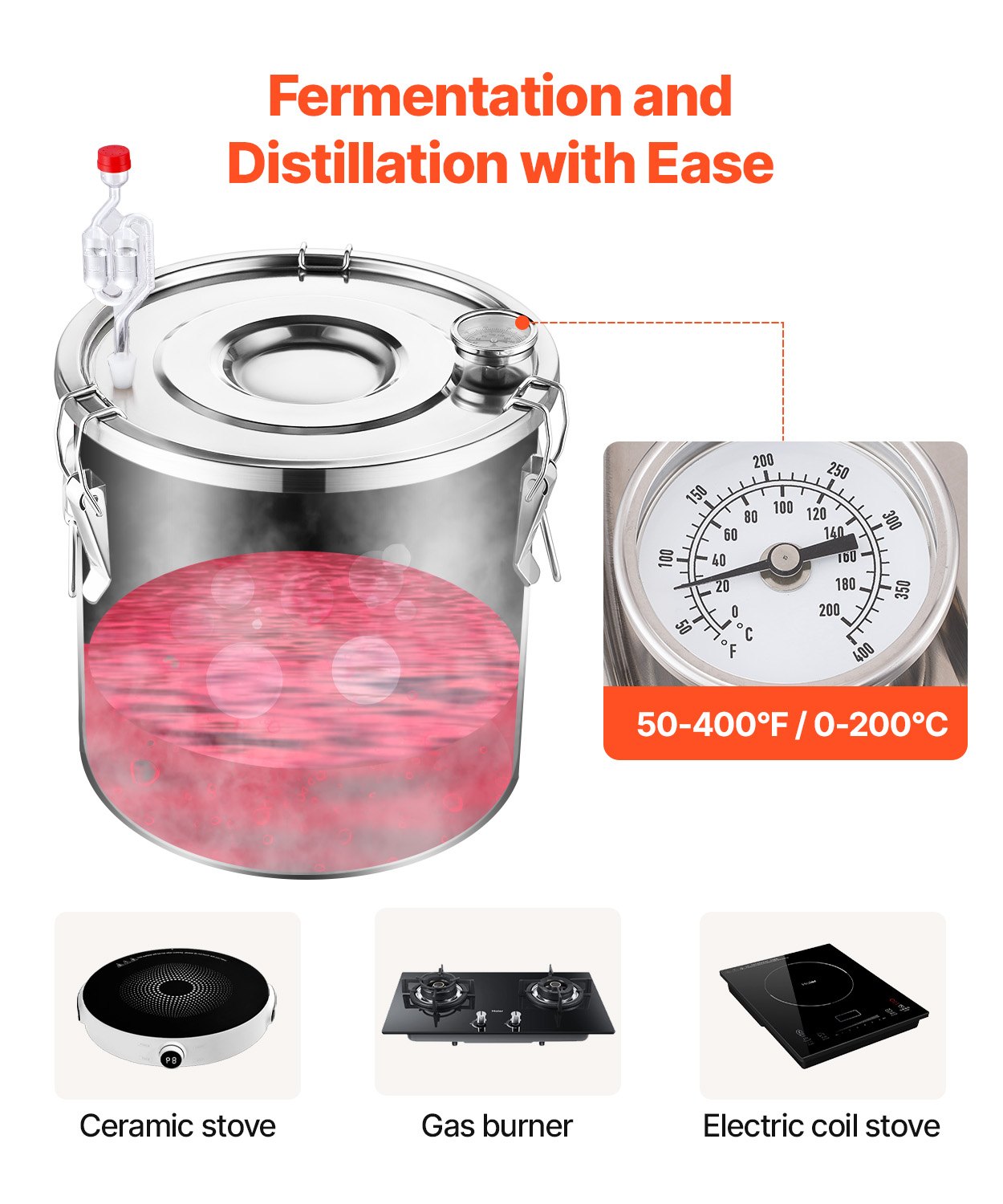 30L stainless steel still with built-in thermometer on lid and water circulation pump, suitable for alcohol distillation