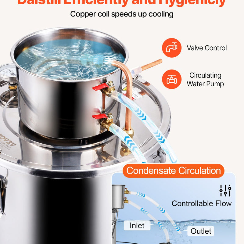 30L nerūsējošā tērauda destilācijas aparāts ar iebūvētu termometru uz vāka un ūdens cirkulācijas sūkni, piemērots alkohola destilācijai