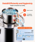 30L stainless steel still with built-in thermometer on lid and water circulation pump, suitable for alcohol distillation