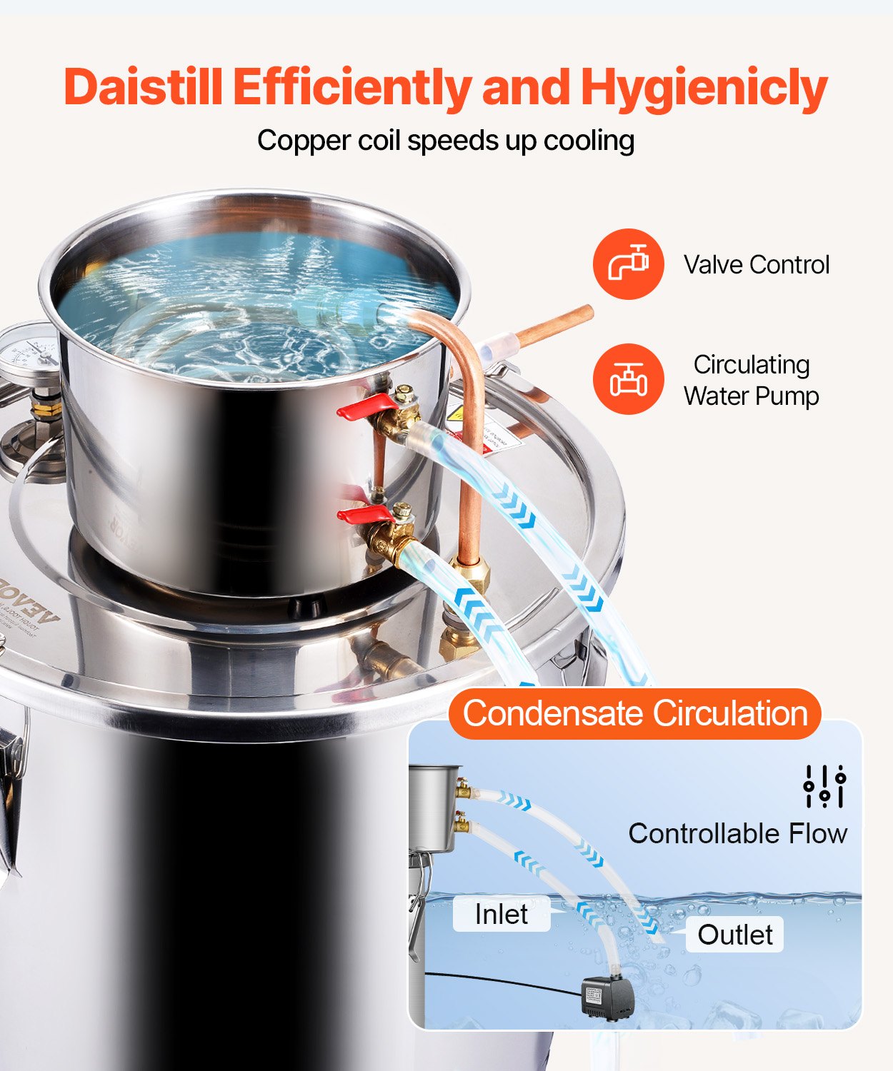 30L stainless steel still with built-in thermometer on lid and water circulation pump, suitable for alcohol distillation