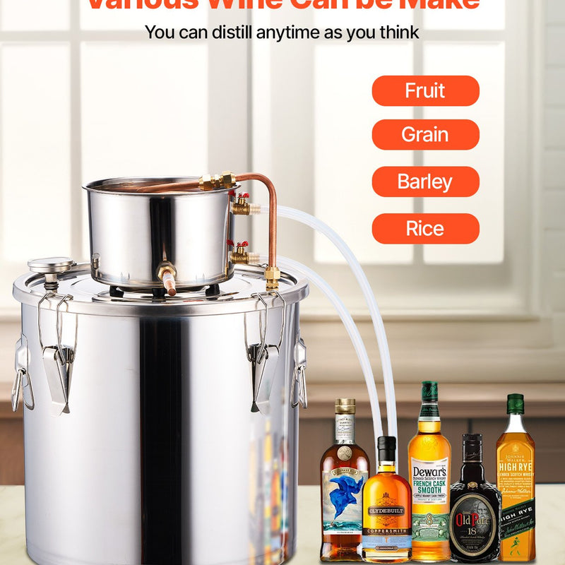 30L nerūsējošā tērauda destilācijas aparāts ar iebūvētu termometru uz vāka un ūdens cirkulācijas sūkni, piemērots alkohola destilācijai