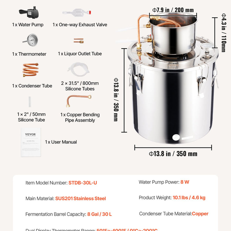 30L nerūsējošā tērauda destilācijas aparāts ar iebūvētu termometru uz vāka un ūdens cirkulācijas sūkni, piemērots alkohola destilācijai