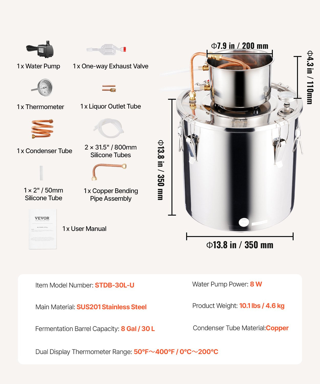 30L stainless steel still with built-in thermometer on lid and water circulation pump, suitable for alcohol distillation