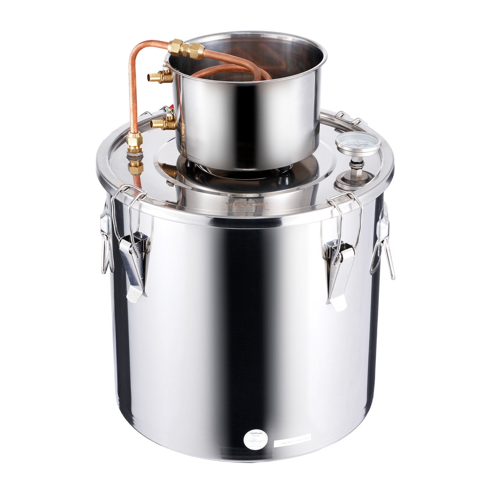 30L stainless steel still with built-in thermometer on lid and water circulation pump, suitable for alcohol distillation