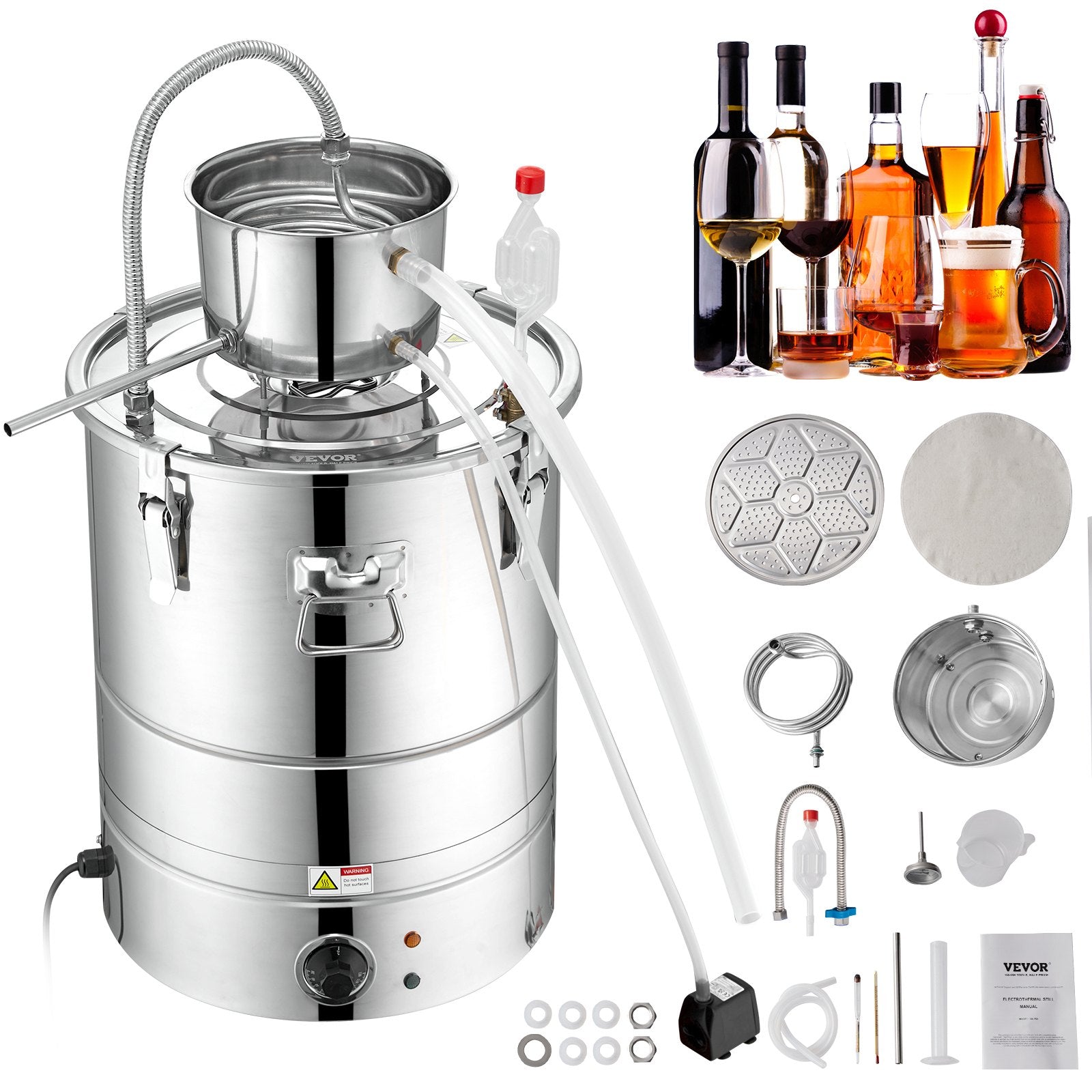 30L stainless steel water distiller with fermentation tank, condenser tank, compressor vessel, water pump and built-in thermometer, ideal for home distillation