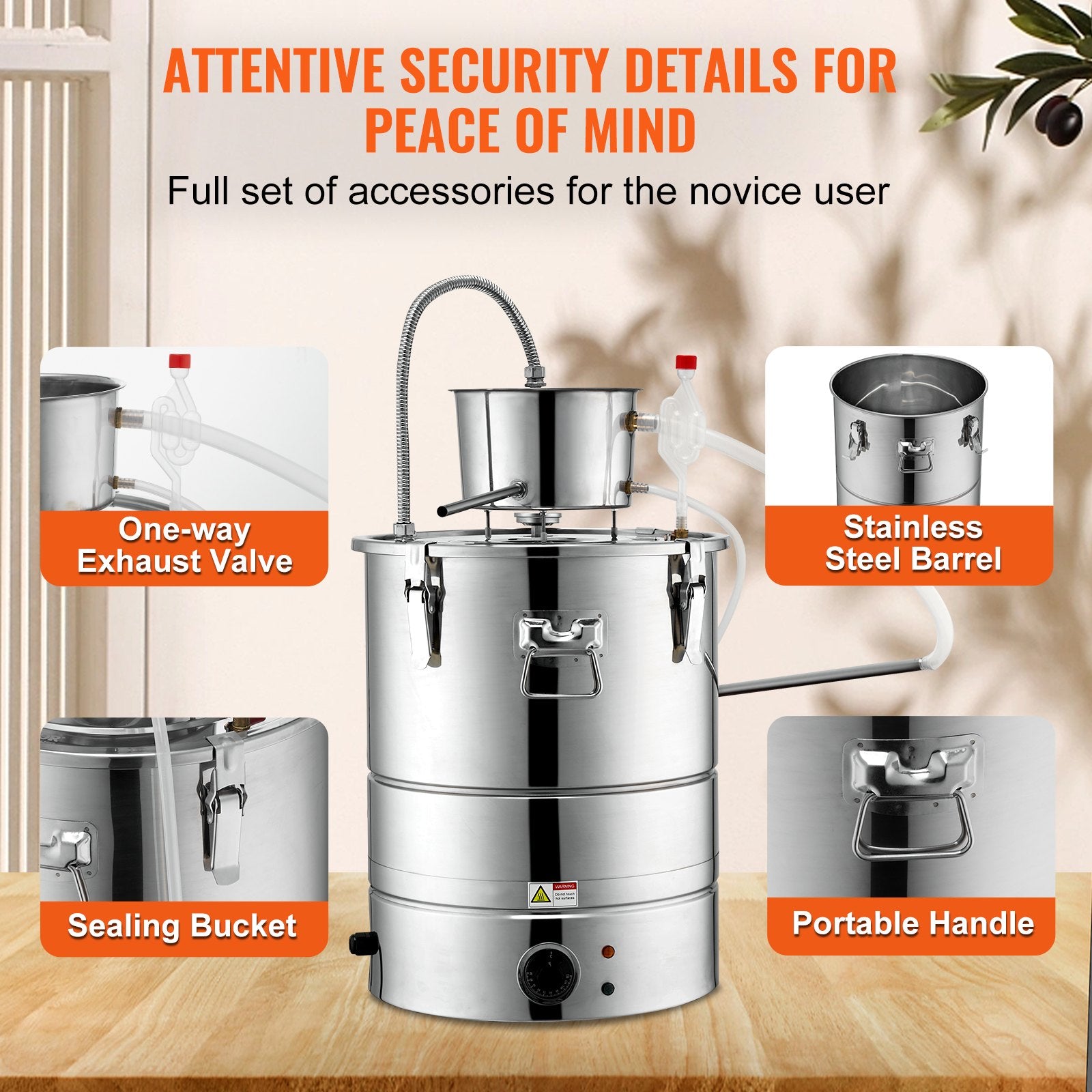 30L stainless steel water distiller with fermentation tank, condenser tank, compressor vessel, water pump and built-in thermometer, ideal for home distillation