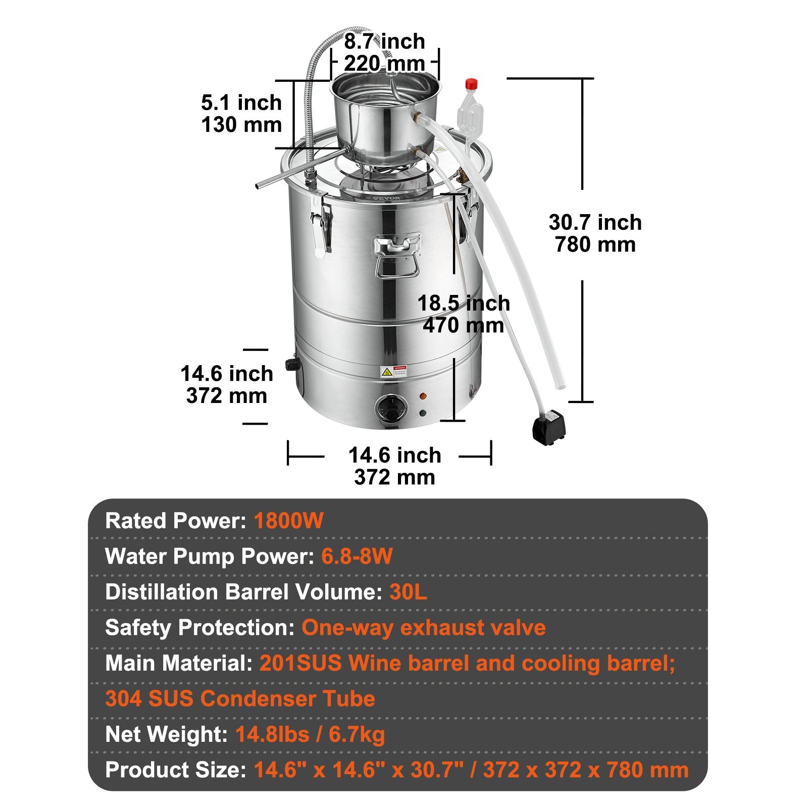 30L stainless steel water distiller with fermentation tank, condenser tank, compressor vessel, water pump and built-in thermometer, ideal for home distillation