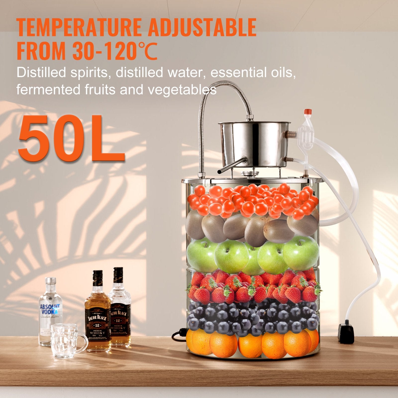 50L still with a trumper and water pump for distilling high-quality essential oils, vodka, brandy and other liquids.