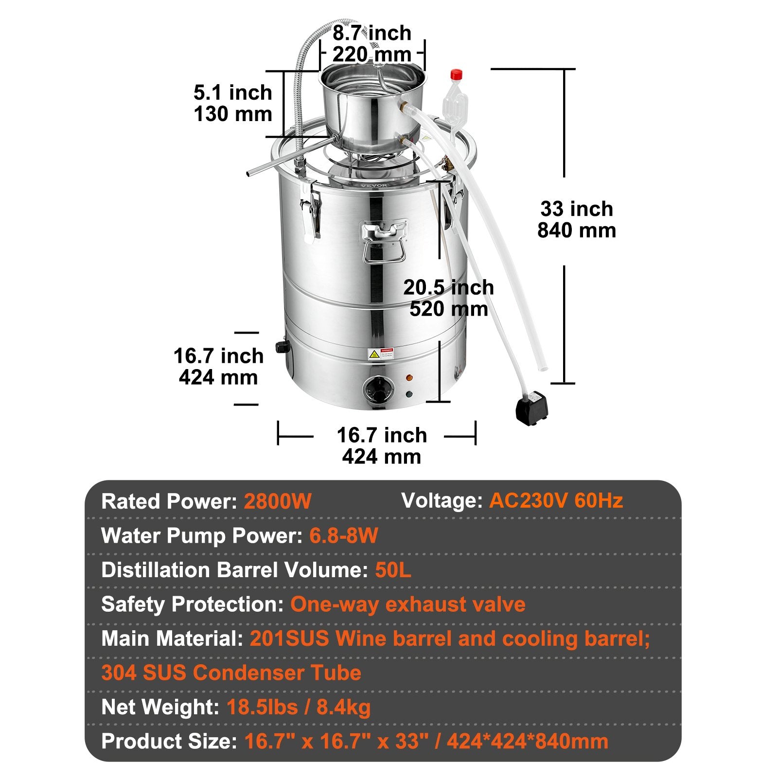 50L still with a trumper and water pump for distilling high-quality essential oils, vodka, brandy and other liquids.
