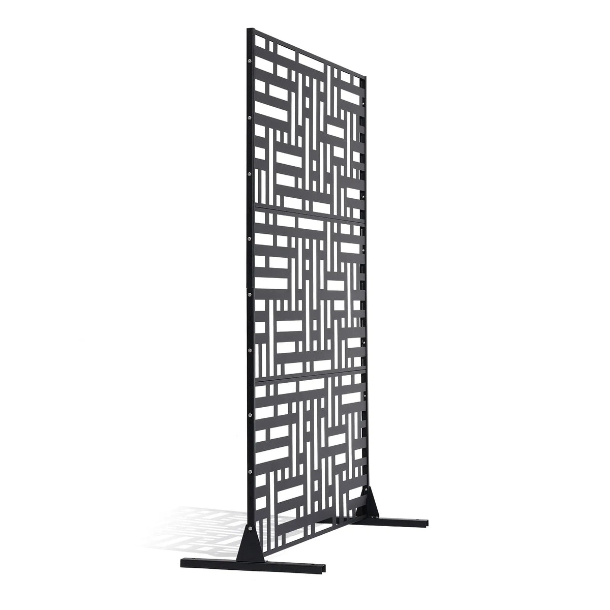 ChatGPT saka:  Metāla dekoratīvs privātuma ekrāns, 120 × 193 cm, 3 paneļu brīvi stāvoša āra/sadala sienas siena ar statīvu, tērauda dārza žogs balkoniem, terasēm, iekštelpām, džakuzi, melns