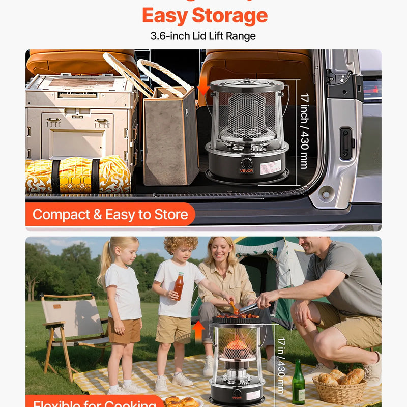 9000 BTU портативный керосиновый обогреватель и плита 2 в 1, без электричества, регулируемая высота и пламя, легко хранить, подходит для кемпинга, охоты, приготовления пищи, дома или гаража, черный