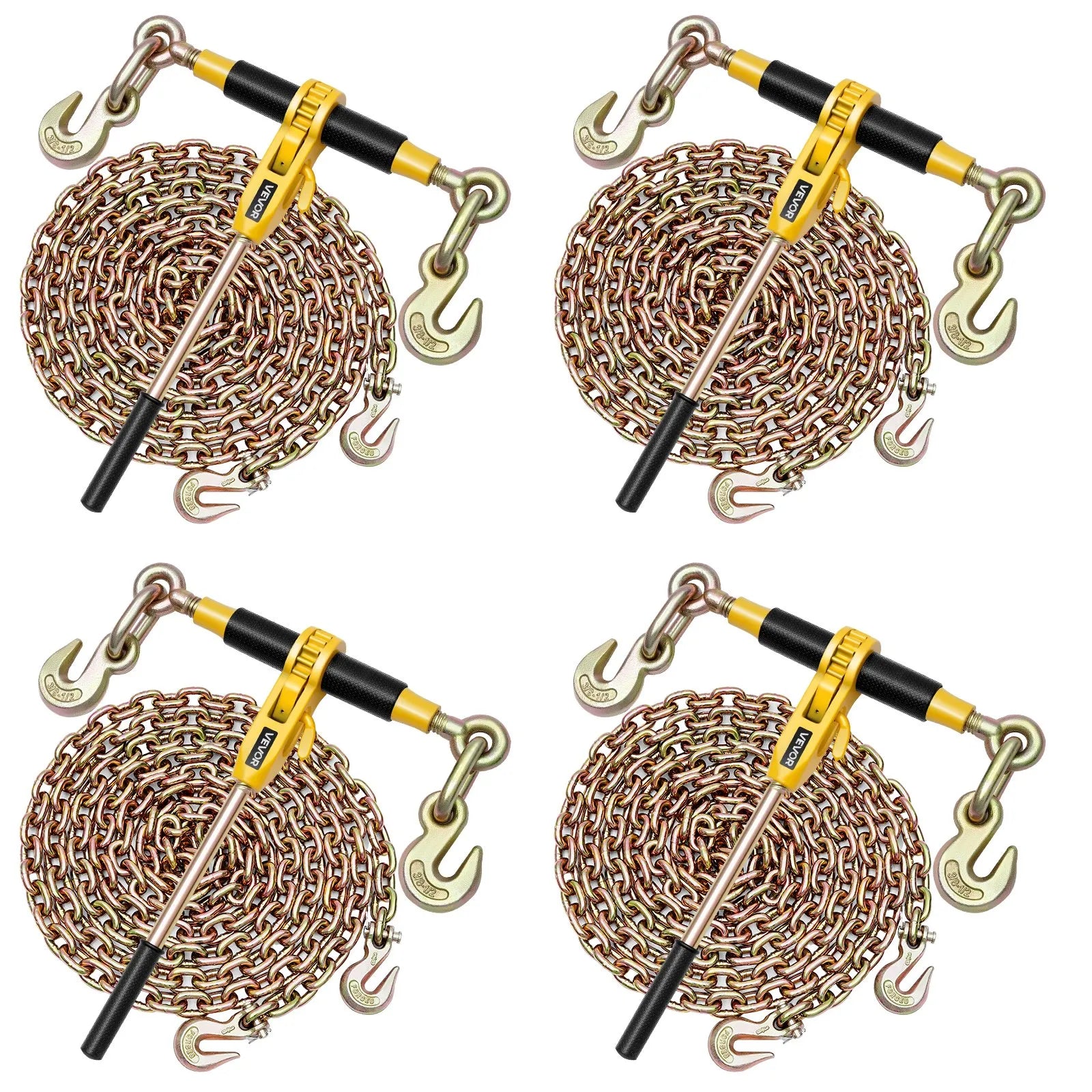 Sprūdrata ķēdes savilcējs, 10 mm × 6,1 m G80 ķēdes, 4173 kg darba slodze, ķēžu un savilcēju komplekts kravu nostiprināšanai, vilkšanai, kokmateriālu pārvietošanai un celšanai