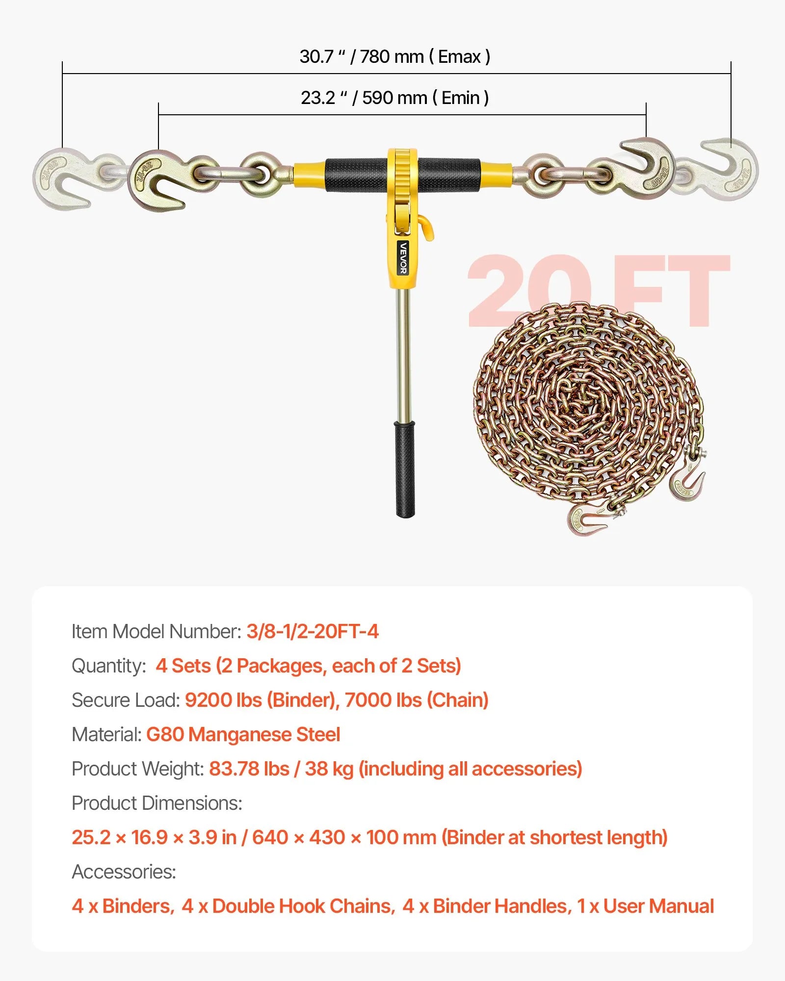 Sprūdrata ķēdes savilcējs, 10 mm × 6,1 m G80 ķēdes, 4173 kg darba slodze, ķēžu un savilcēju komplekts kravu nostiprināšanai, vilkšanai, kokmateriālu pārvietošanai un celšanai
