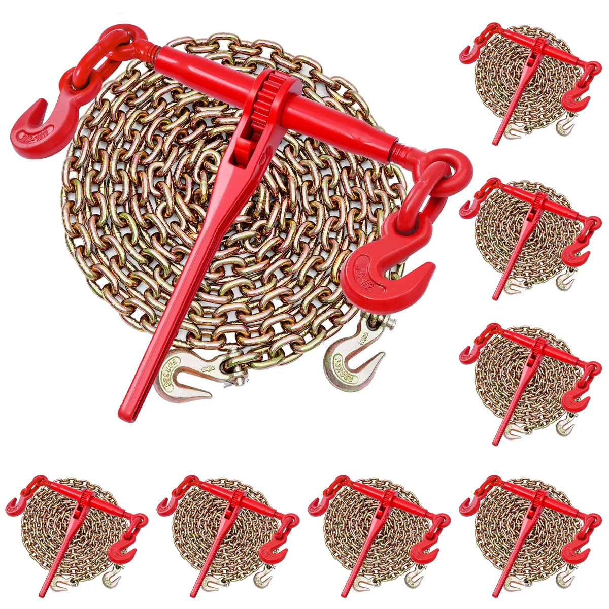 Sprūdrata ķēdes savilcējs, 10 mm × 3 m G80 ķēdes, 4173 kg darba slodze, ķēžu un savilcēju komplekts kravu nostiprināšanai, vilkšanai, kokmateriālu pārvietošanai un celšanai