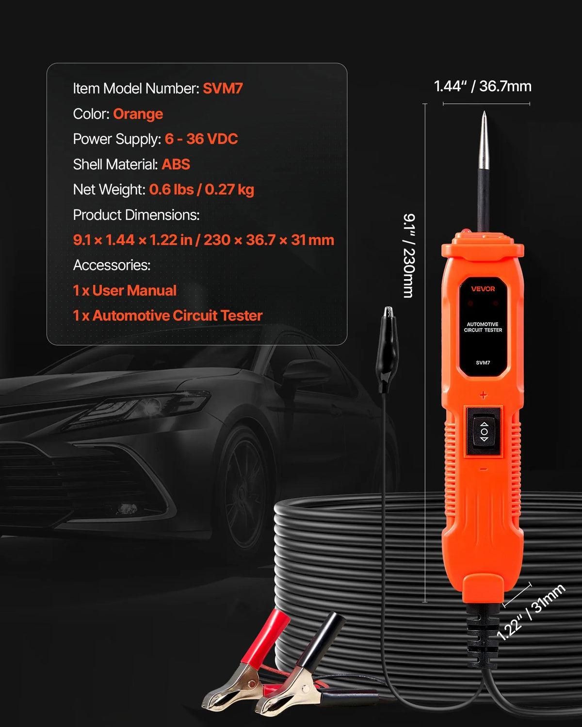 VEVOR automobiļu ķēžu testeris, 6–36 V līdzstrāvas jaudas ķēžu zondes testeris ar apgaismojumu, automobiļu jaudas testera zonde ar 4 m kabeli, ABS korpusa vadu detektors sedaniem, SUV, kemperiem un kravas automobiļiem