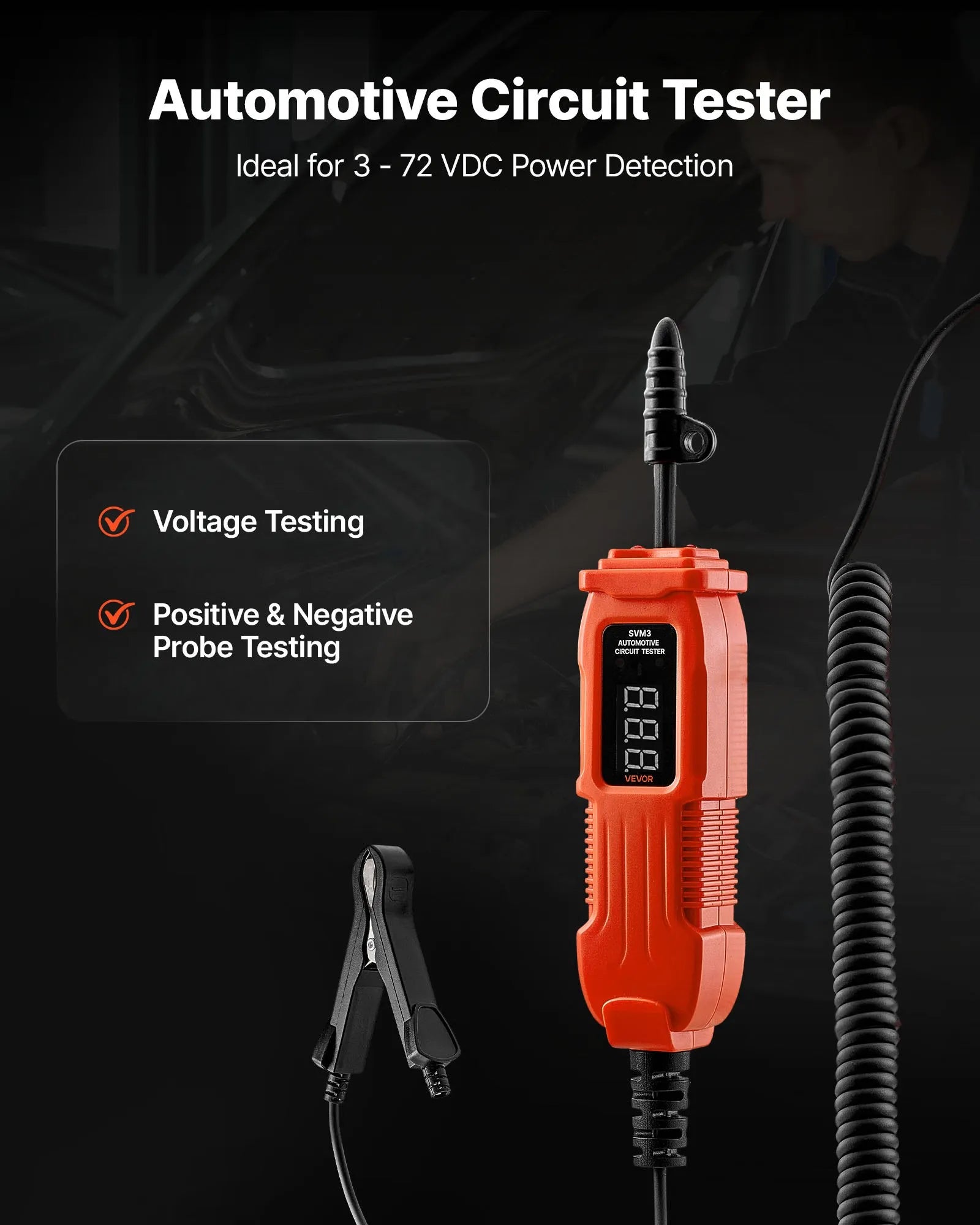 VEVOR automobiļu ķēžu testers, 3–72 V DC sprieguma ķēžu zonde ar LED ekrānu un apgaismojumu, automobiļu barošanas ķēžu pārbaudes zonde ar 3,5 m kabeli, ABS korpusa elektriskais detektors.