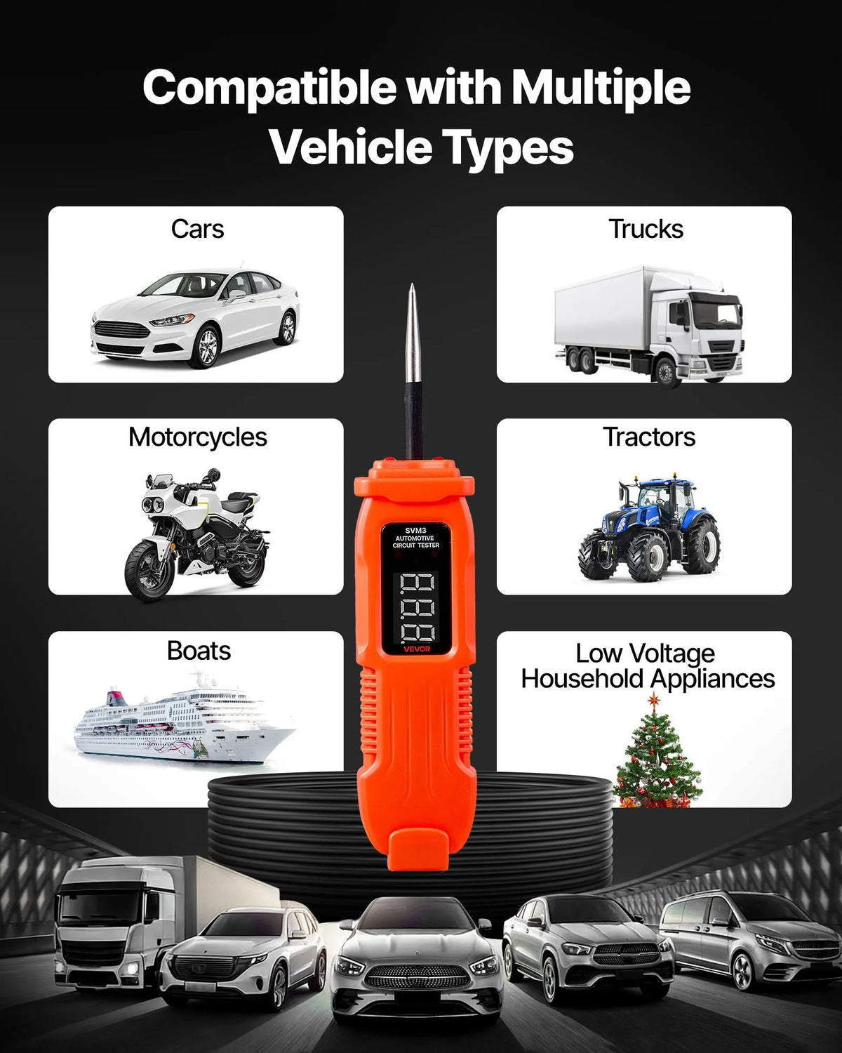VEVOR automobiļu ķēžu testers, 3–72 V DC sprieguma ķēžu zonde ar LED ekrānu un apgaismojumu, automobiļu barošanas ķēžu pārbaudes zonde ar 3,5 m kabeli, ABS korpusa elektriskais detektors.