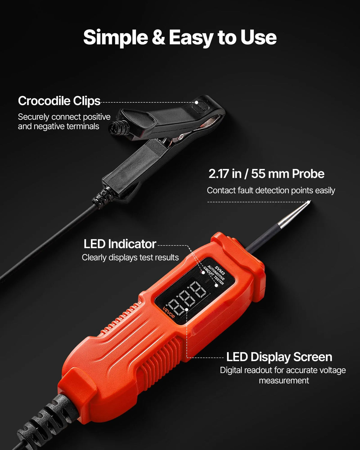 VEVOR automobiļu ķēžu testers, 3–72 V DC sprieguma ķēžu zonde ar LED ekrānu un apgaismojumu, automobiļu barošanas ķēžu pārbaudes zonde ar 3,5 m kabeli, ABS korpusa elektriskais detektors.