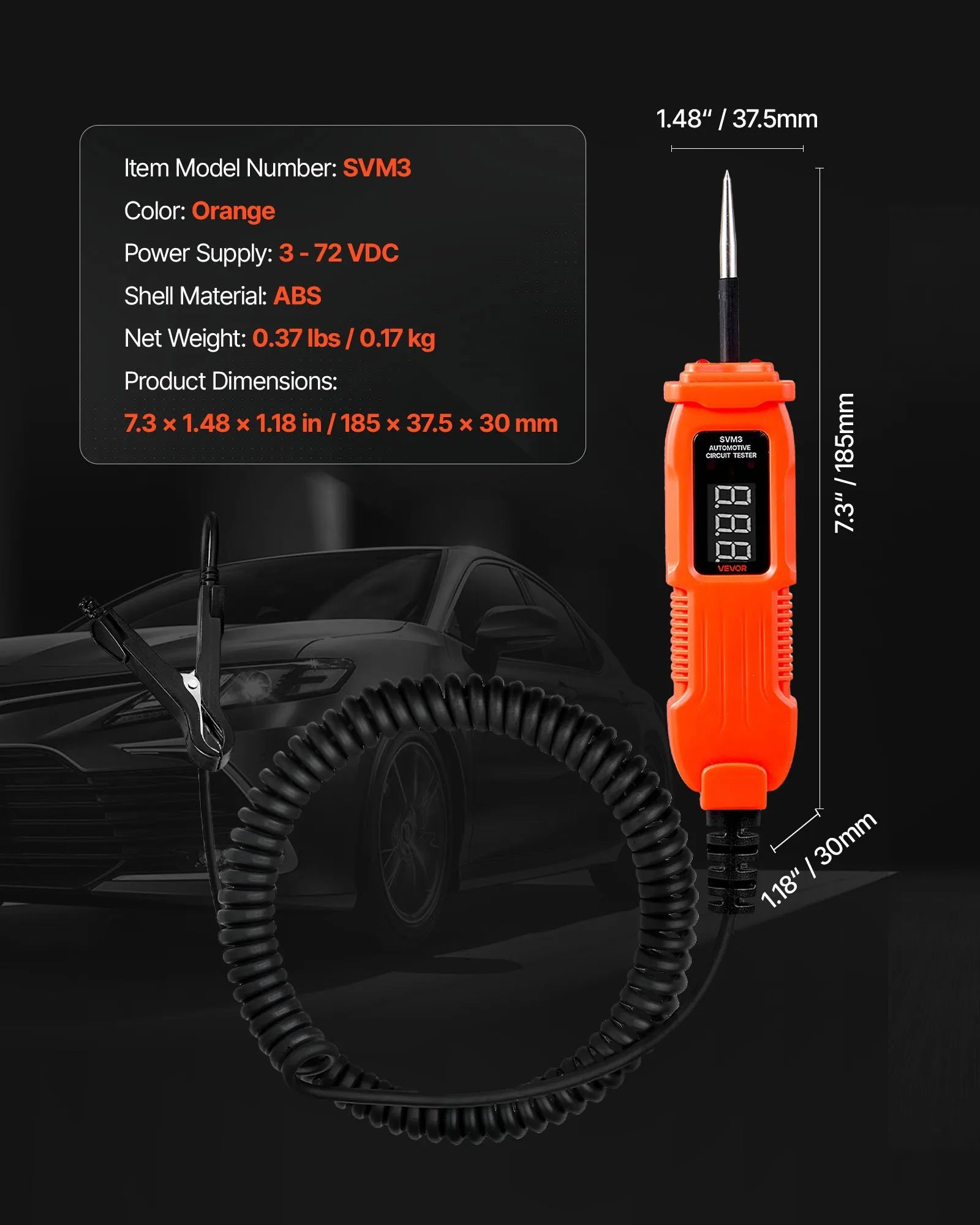 VEVOR automobiļu ķēžu testers, 3–72 V DC sprieguma ķēžu zonde ar LED ekrānu un apgaismojumu, automobiļu barošanas ķēžu pārbaudes zonde ar 3,5 m kabeli, ABS korpusa elektriskais detektors.