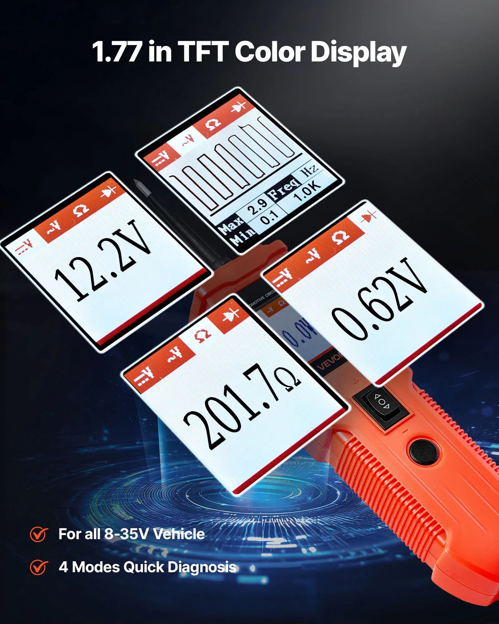 VEVOR automobiļu ķēžu testeris, 8–35 V līdzstrāvas jaudas ķēžu zondes testeris ar TFT krāsu displeju un apgaismojumu, automobiļu elektrības testa zonde ar 4 m kabeli, ABS korpusa elektrisko ķēžu detektors un bojājumu meklētājs