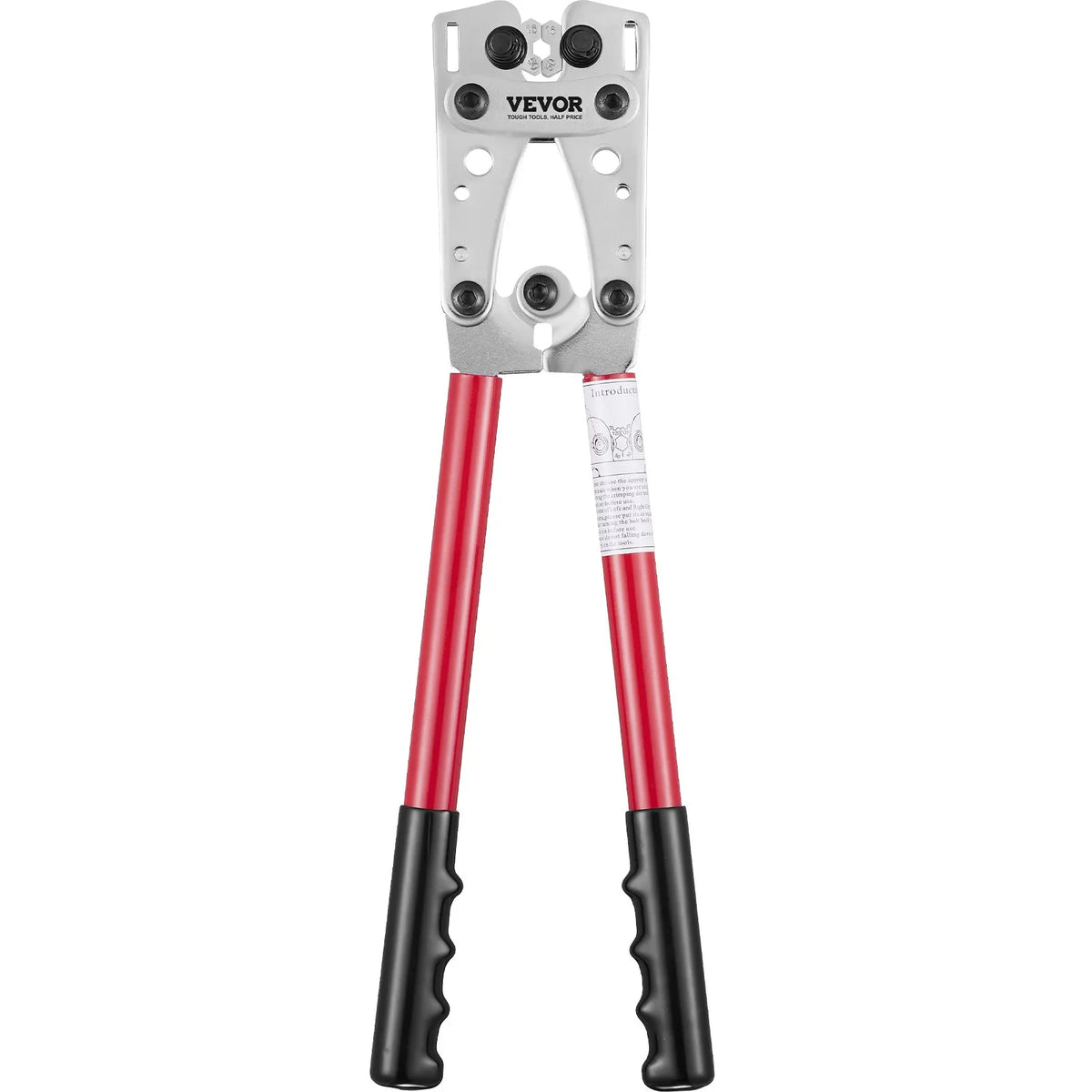 VEVOR akumulatora kabeļu spaiļu presēšanas instruments 10–50 mm², ar kabeļu griezni, 48 vara gredzenveida spailēm, 6 presēšanas uzgaļu komplektu un 100 termouzmavām, paredzēts smagsvara vadu spailēm