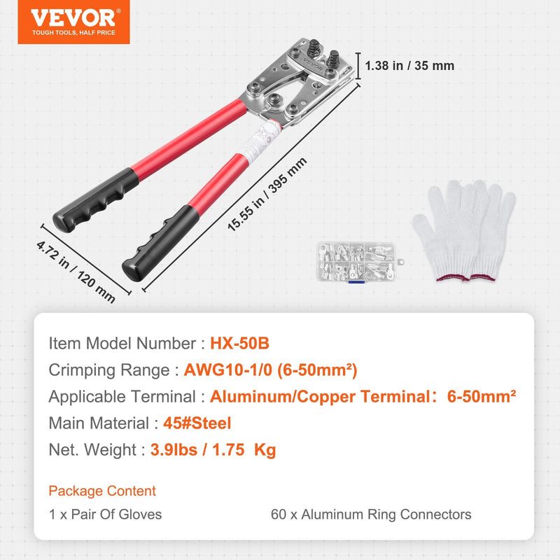 VEVOR akumulatora kabeļu spaiļu presēšanas instruments, paredzēts alumīnija spailēm 6–50 mm², ar 60 alumīnija gredzenveida savienotājiem un 6 presēšanas uzgaļu komplektu, piemērots smagsvara vadu spailēm