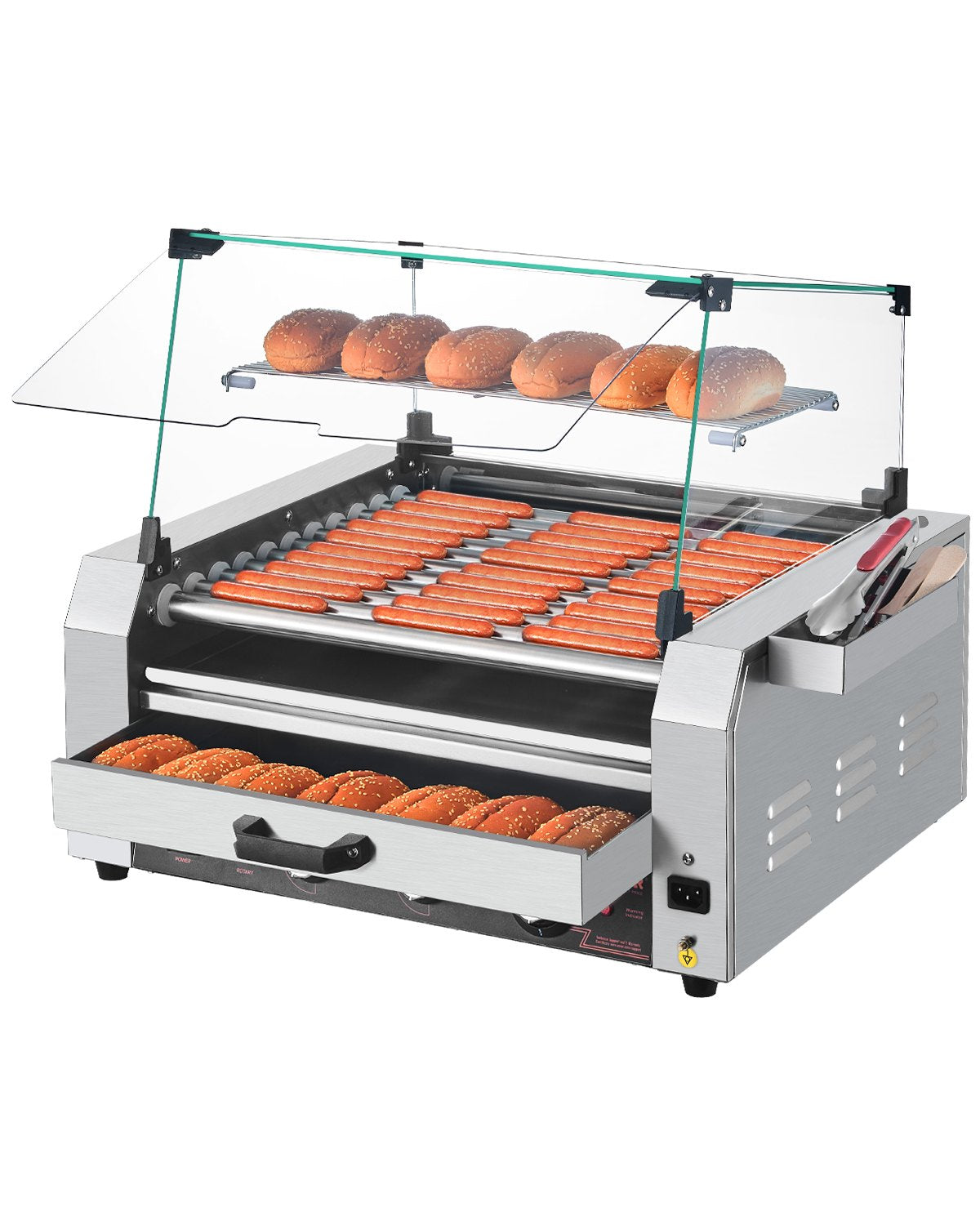Elektriskais hotdogu grils ar 11 rullīšiem un maizīšu sildītāju, 2400 W