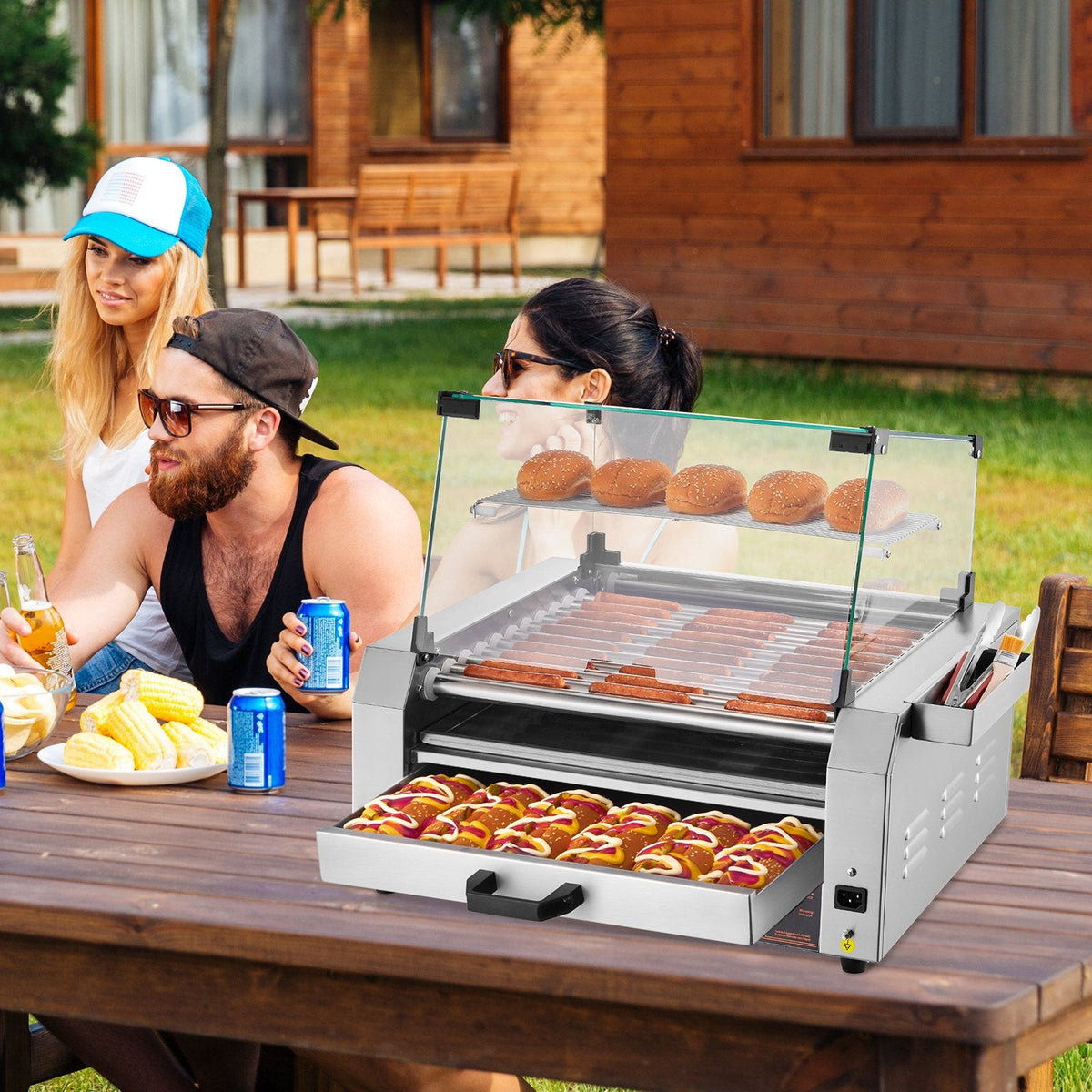 Elektriskais hotdogu grils ar 11 rullīšiem un maizīšu sildītāju, 2400 W