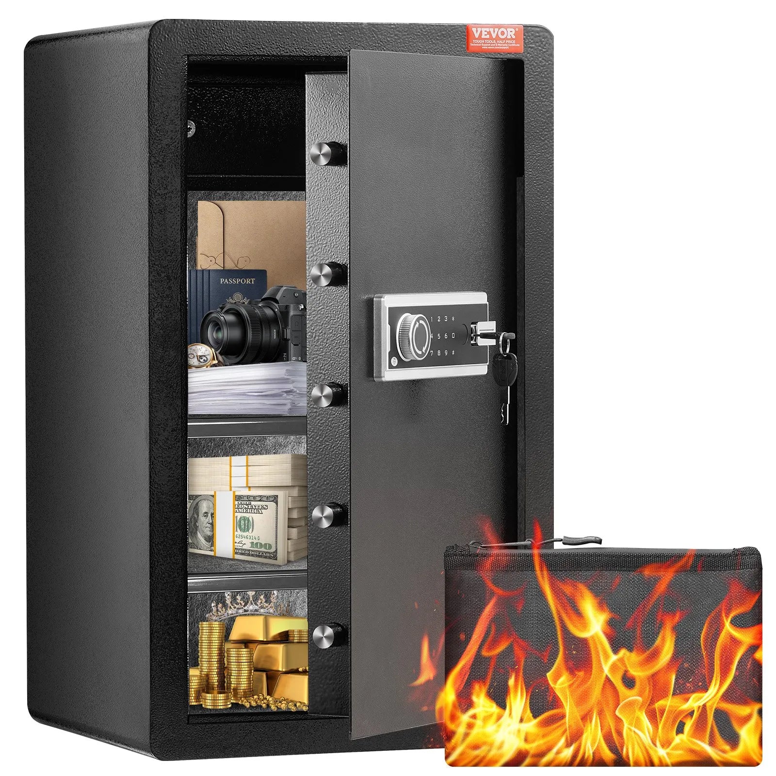 VEVOR vienu durvju 113 l seifs ar atslēgas un paroles slēdzeni, drošības seifs ar ugunsdrošo somu, atslēgu turētāju, LED apgaismojumu, 2 plauktiem un 1 nodalījumu naudai, dokumentiem, rotaslietām un vērtīgām lietām, melns