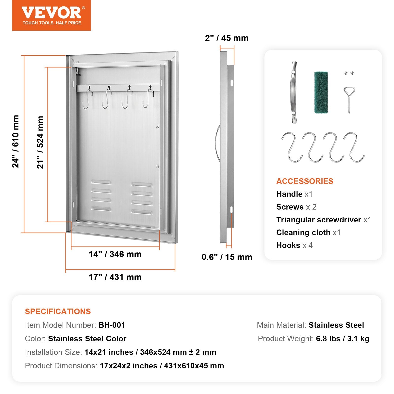 VEVOR BBQ piekļuves durvis, 610 x 431 mm, nerūsējošais tērauds, ar rokturi un ventilācijām, piemērotas āra virtuvei