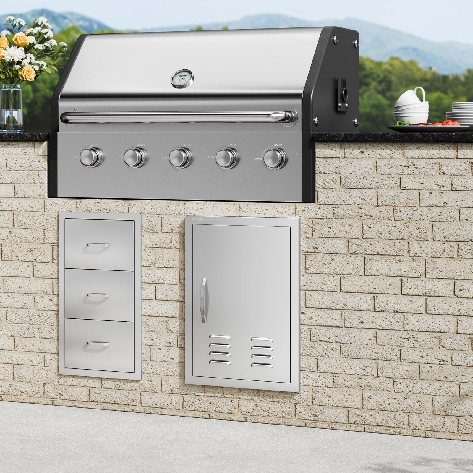 VEVOR BBQ piekļuves durvis, 610 x 431 mm, nerūsējošais tērauds, ar rokturi un ventilācijām, piemērotas āra virtuvei