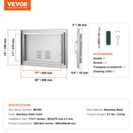 VEVOR nerūsējošā tērauda iebūvējamas āra virtuves durvis 508 × 356 mm, ar rokturi un ventilāciju