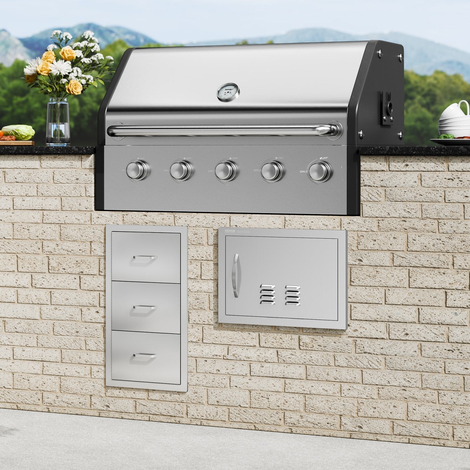 VEVOR nerūsējošā tērauda iebūvējamas āra virtuves durvis 508 × 356 mm, ar rokturi un ventilāciju