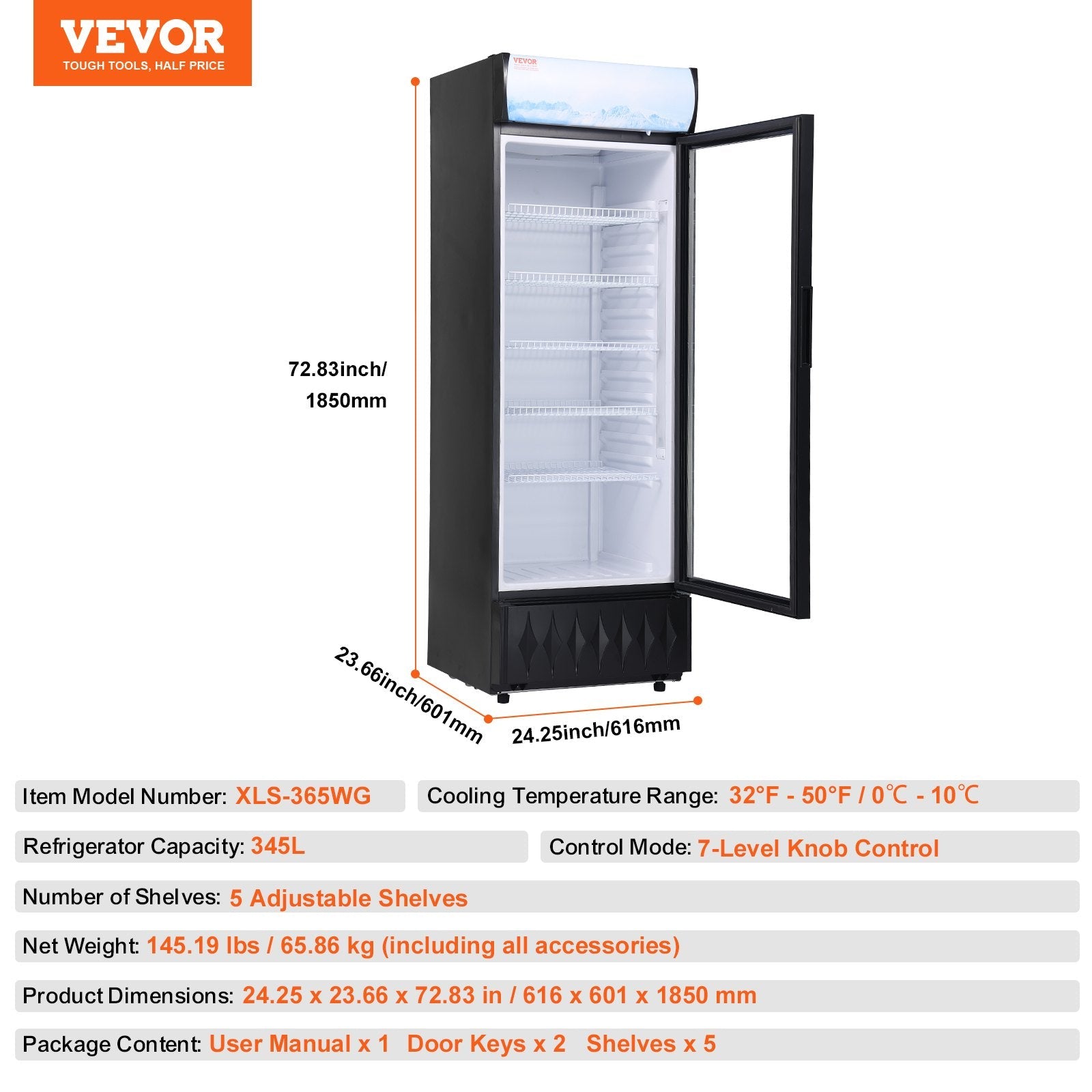 VEVOR komerciālais tirdzniecības dzesētājs 345L ar 5 plauktiem