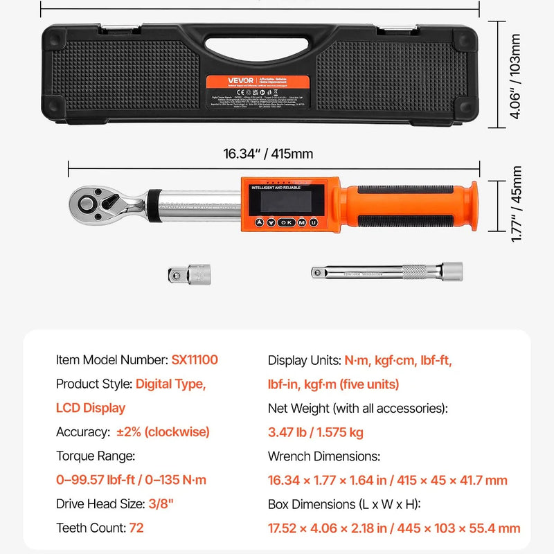 VEVOR Digitālais momentslēdzis 9,5 mm piedziņa, 0–135 Nm, 72 zobu sprūdrats