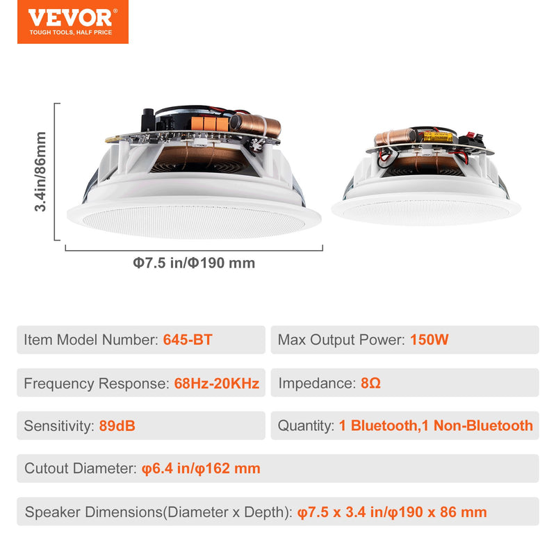 VEVOR Bluetooth griestu skaļruņi, 16,5 cm, 150 W, iebūvējami, 2 gab.