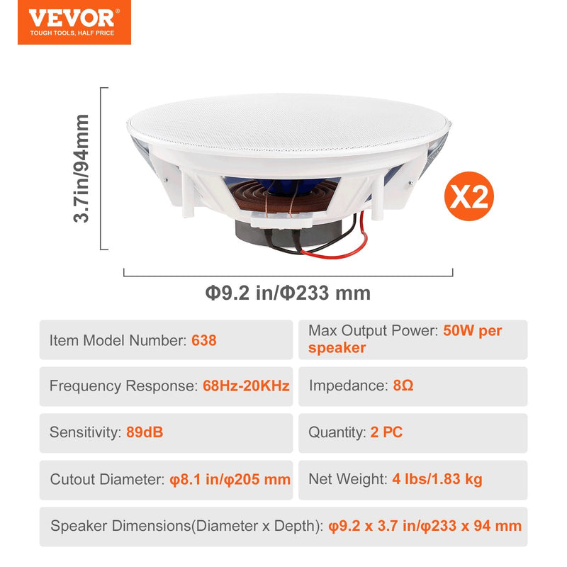 VEVOR griestu skaļruņi, 2 gab., 20 cm, 50 W, iebūvējami sienā vai griestos