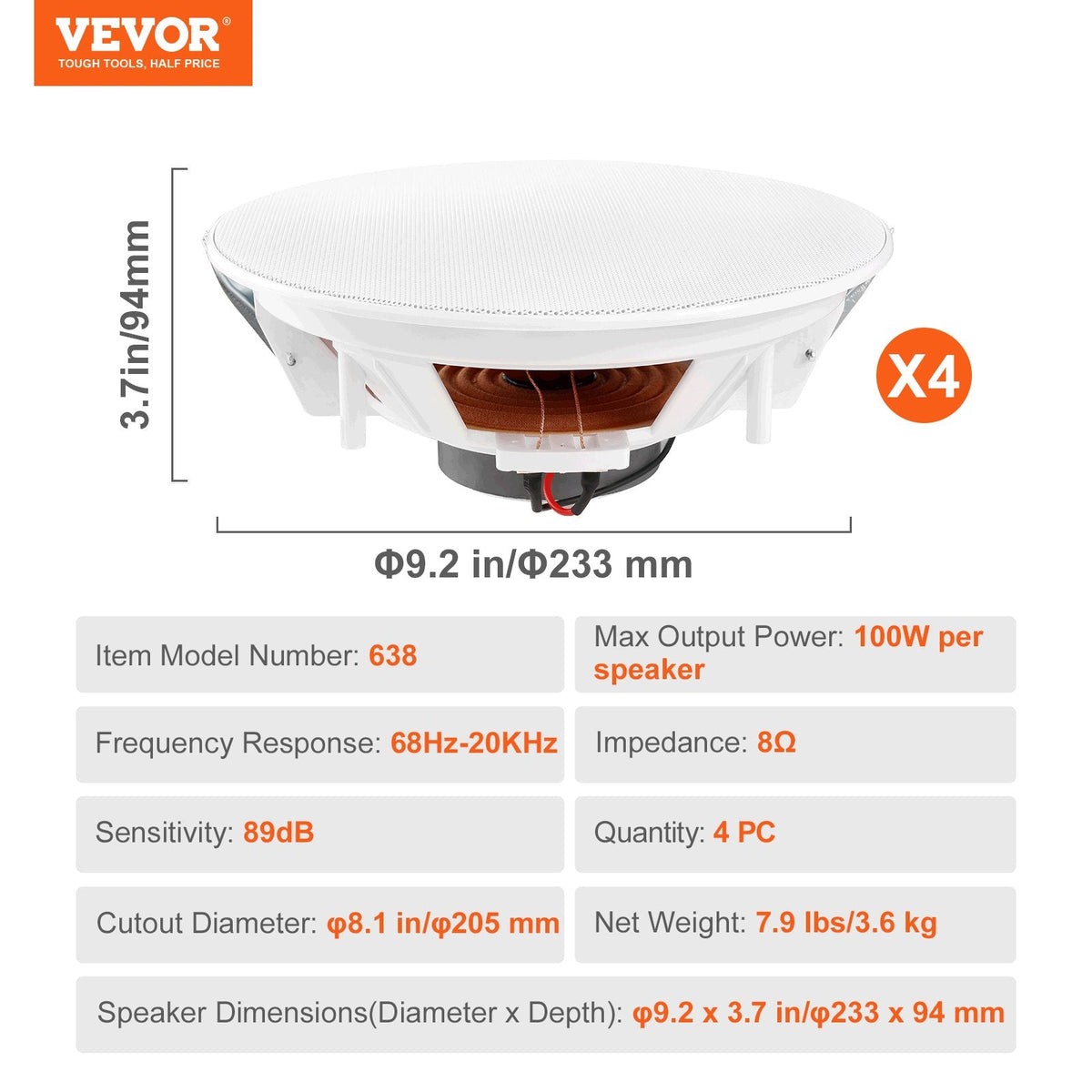 VEVOR griestu skaļruņi, 4 gab., 20 cm, 100 W, iebūvējami sienā vai griestos