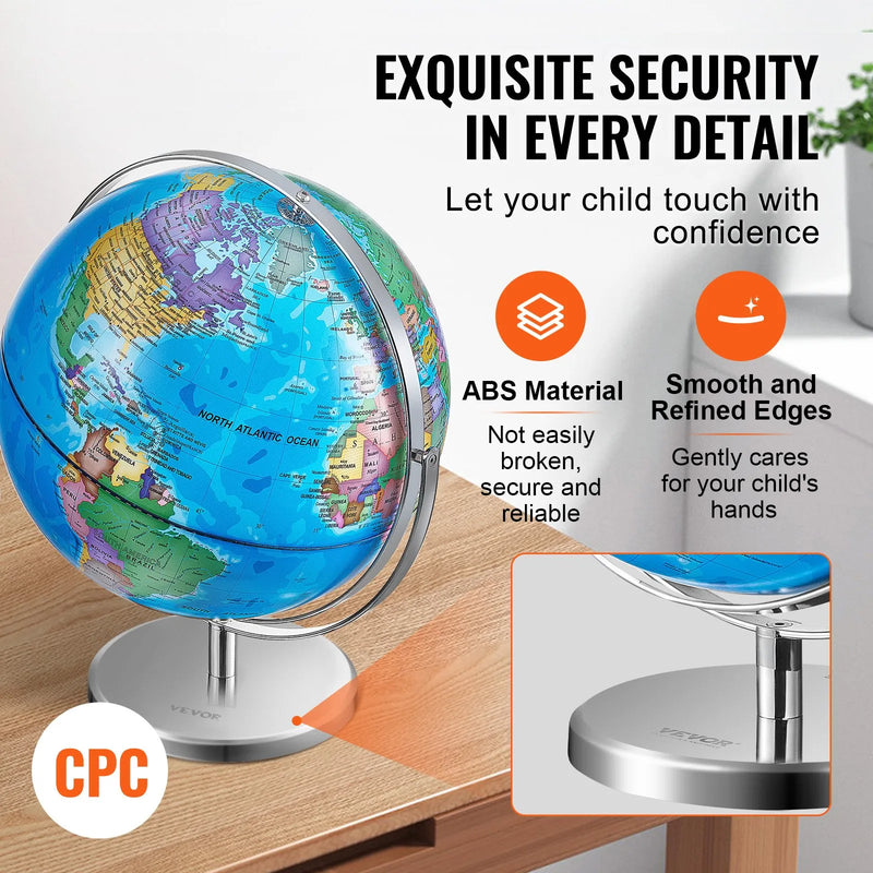 VEVOR izgaismots pasaules globuss ar statīvu, 330 mm, izglītojošs Zemes globuss ar stabilu metāla pamatni, augstas izšķirtspējas drukas karti un LED apgaismojumu, 720° rotācija bērnu mācībām (kartes valoda: angļu)