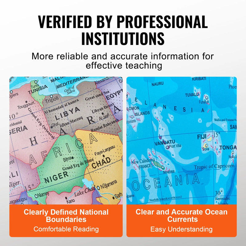 VEVOR izgaismots pasaules globuss ar statīvu, 330 mm, izglītojošs Zemes globuss ar stabilu metāla pamatni, augstas izšķirtspējas drukas karti un LED apgaismojumu, 720° rotācija bērnu mācībām (kartes valoda: angļu)