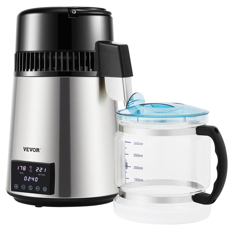 4L VEVOR ūdens destilators ar 1,5 l/h ražību, taimeri un dubultās temperatūras kontroli, sudraba