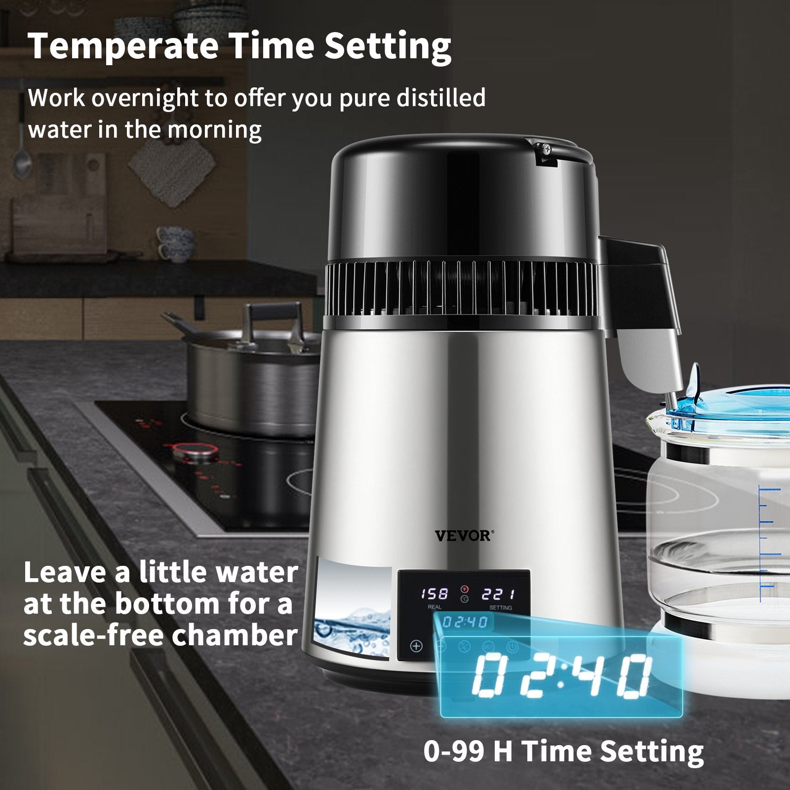 4L VEVOR ūdens destilators ar 1,5 l/h ražību, taimeri un dubultās temperatūras kontroli, sudraba