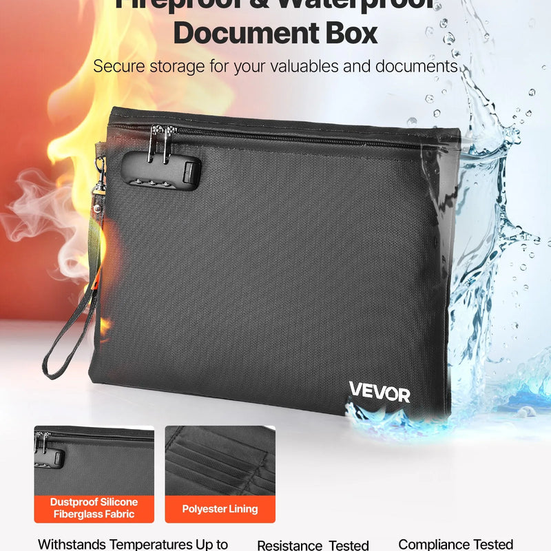 VEVOR ugunsdroša dokumentu soma ar 1000 °C karstumizturību, uguns- un ūdensnecaurlaidīgu pārklājumu, slēdzeni un pārnēsājamu dizainu, piemērota dokumentu, pasu un svarīgu failu drošai uzglabāšanai mājās, birojā vai ceļojumā