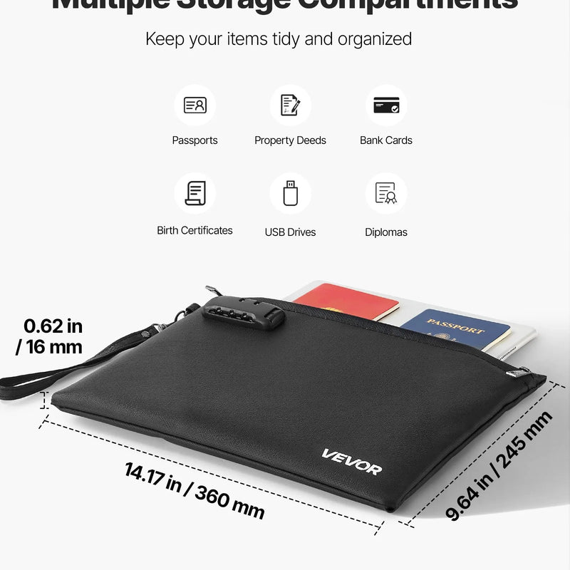VEVOR ugunsdroša dokumentu soma ar 1000 °C karstumizturību, uguns- un ūdensnecaurlaidīgu pārklājumu, slēdzeni un pārnēsājamu dizainu, piemērota dokumentu, pasu un svarīgu failu drošai uzglabāšanai mājās, birojā vai ceļojumā