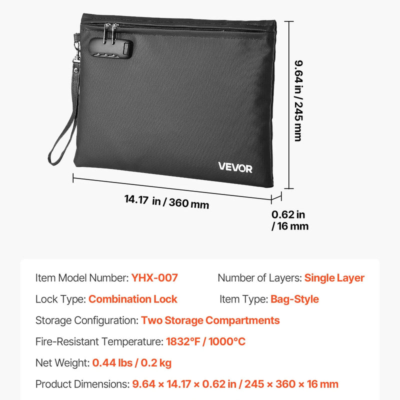 VEVOR ugunsdroša dokumentu soma ar 1000 °C karstumizturību, uguns- un ūdensnecaurlaidīgu pārklājumu, slēdzeni un pārnēsājamu dizainu, piemērota dokumentu, pasu un svarīgu failu drošai uzglabāšanai mājās, birojā vai ceļojumā