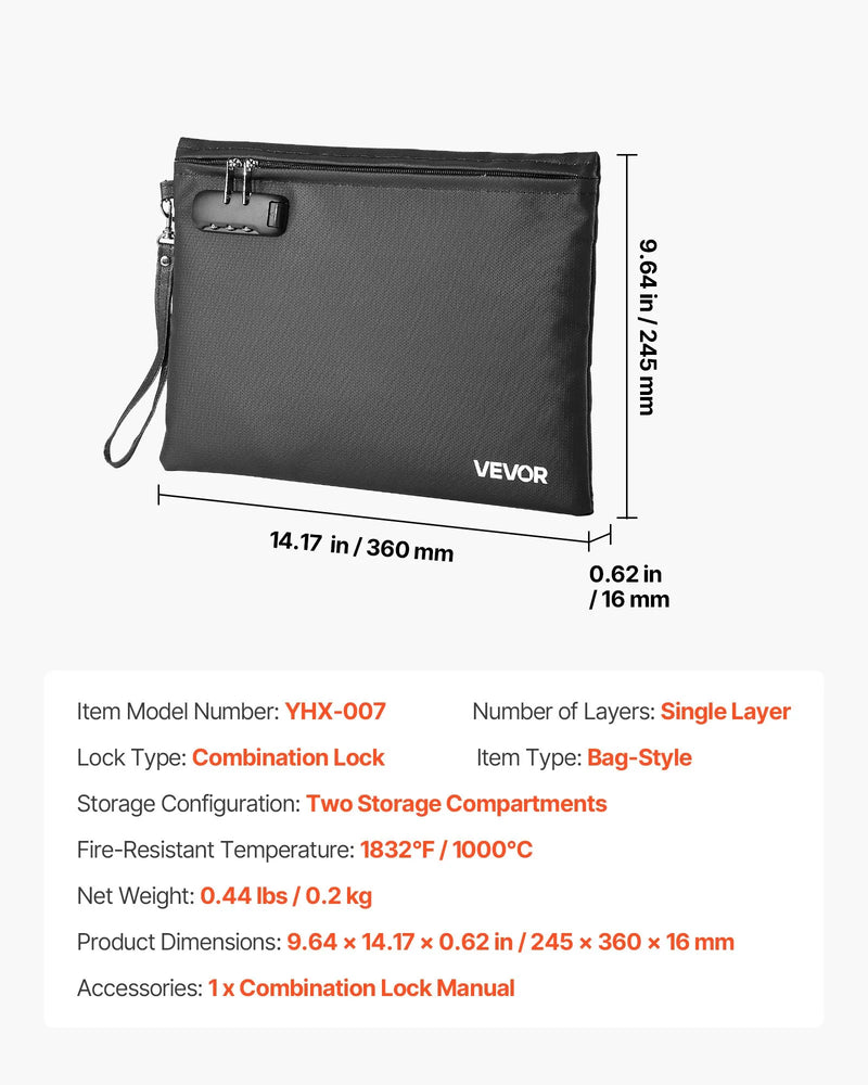 VEVOR ugunsdroša dokumentu soma ar 1000 °C karstumizturību, uguns- un ūdensnecaurlaidīgu pārklājumu, slēdzeni un pārnēsājamu dizainu, piemērota dokumentu, pasu un svarīgu failu drošai uzglabāšanai mājās, birojā vai ceļojumā